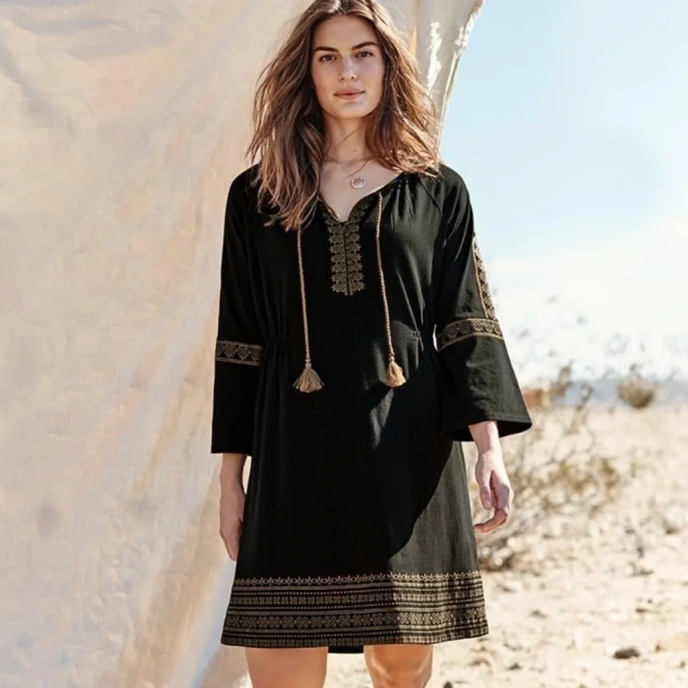 J. Jill Embroidered Cotton Blend Boho Knit Peasant Sheath Dress Black Size S